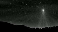 an image of the birth of jesus in black and white with stars above it on a night sky