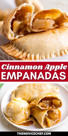 cinnamon apple empanadas on a white plate with text overlay that reads, cinnamon apple empanadas