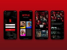 the netflix app is displayed on three smartphones, one with multiple movies and two without