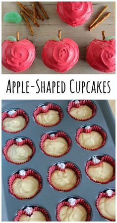 apple shaped cupcakes with frosting and cinnamon sticks in the middle, on a baking tray