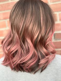 Light Brown Hair With Dyed Tips, Rose Gold Highlights Light Brown Hair, Light Brown To Pink Ombre Hair, Honey Blonde Hair With Pink Underneath, Shoulder Length Brown And Pink Hair, Caramel And Pink Hair, Ash Brown Hair With Pink Highlights, Light Pink Hair Balayage, Dark Blonde With Peekaboo Color