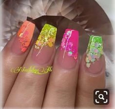 Multicolour Nails, Encapsulated Nails, Nail Designs Pictures, Cute Acrylic Nail Designs, Nails Diy, Instagram Nails, Summer Acrylic Nails, Nail Designs Glitter, Neon Nails