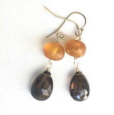 Raw Amber Brown smoky Quartz 14k gold fill earrings.   Natural smoky topaz dangles. Gemstone jewelry Cheap Brown Dangling Beads Earrings, Wire Wrapped Stones, Wrapped Stones, Petite Earrings, Smoky Topaz, Amber Brown, Wire Wrapping Stones, Gift For Woman, Gold Filled Earrings