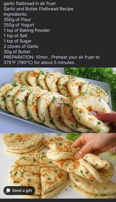 the recipe for garlic bread is shown in three different stages, including being cut and put into