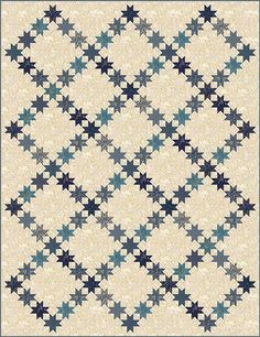 a blue and white quilt with stars on the front, in an old - fashioned pattern