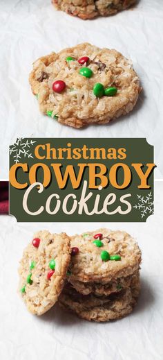 christmas cowboy cookies are stacked on top of each other with the words, christmas cowboy cookies