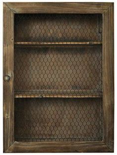 an old wooden shelf with chicken wire on the top and bottom, against a white background