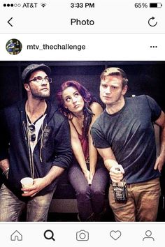 two men and a woman posing for a photo on their cell phone, with the caption'mtvthechalence'above them