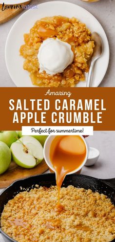 an apple crumble is being drizzled with caramel sauce on top