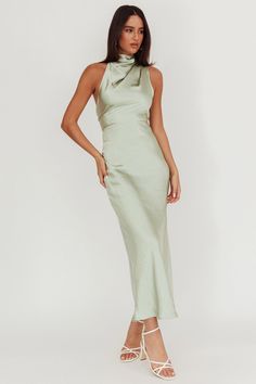 Shana Halterneck Maxi Dress Sage by Selfie Leslie Green Classy Dress, Satin Hoco Dress, Hoco Dresses Green, Dress Sage, Yellow Bridesmaid Dresses, Grey Bridesmaid Dresses, Mermaid Bridesmaid Dresses, Backless Prom Dresses, Prom Dress Shopping