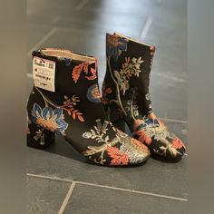 Unused Pair Of Floral Embroidery Boots From Zara. Very Chic. Very Boho. Tags Still On. Embroidered High Heel Boots For Spring, Trendy Embroidered Summer Boots, Black Boots With Floral Embroidery For Fall, Black Floral Embroidery Boots For Fall, Party Boots With Floral Embroidery And Round Toe, Embroidered Summer Party Boots, Floral Embroidered Boots For Spring Party, Spring Party Boots With Floral Embroidery, Floral Embroidered Party Boots For Spring