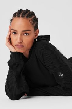 Stay seriously comfy from studio to street to lounge. The Muse Hoodie is made with a soft ribbed knit and has a relaxed, cropped silhouette and slits at sides. Pair it with the matching sweatpant to master off-duty. Athleisure Hoodie With Ribbed Cuffs For Lounging, Sporty Ribbed Hoodie For Winter, Sporty Ribbed Winter Hoodie, Sporty Ribbed Hoodie For Fall, Ribbed Hooded Hoodie For Loungewear, Ribbed Long Sleeve Hoodie In Athleisure Style, Ribbed Hoodie For Loungewear, Athleisure Long Sleeve Ribbed Hoodie, Ribbed Long Sleeve Athleisure Hoodie