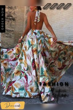 Plant Printed Backless Sexy Dress Bohemian Stretch Dresses For Vacation, Bohemian Stretch Dress For Day Out, Floral Print Stretch Dress For Vacation, Stretch Floral Print Vacation Dresses, Stretch Floral Print Dress For Vacation, Moda Denim, Backless Long Dress, White Halter Dress, Boho Summer Dresses