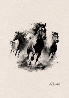 three horses running through the air with their hair blowing in the wind and dust behind them