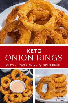 keto onion rings with dipping sauce on the side and an image of them in three different pictures