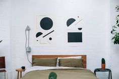 a bed with two paintings on the wall above it and a cactus next to it