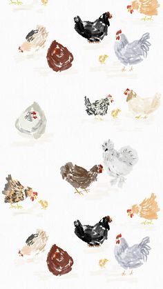 chickens and roosters are depicted in this watercolor painting