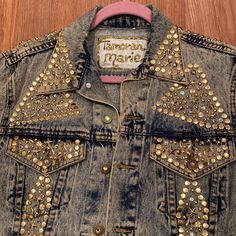 Vintage Jean Jacket Embellished With Gold Studs Handmade, Round, Stars And Diamond Stones Throughout Front And Back And The Cuff Has Diamond Buttons Beautifully Handmade Original Jacket Chic Fits, Vintage Jean Jacket, Sequin Appliques, Aaliyah, Suit And Tie, Vintage Jacket, Gold Studs, Playsuit, Jean Jacket