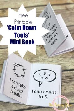 an open book with the text free printable calm down tools mini book on it