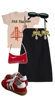 Black Tee Shirt Outfit, Red Tee Outfit, Tee Dress Outfit, Tee Shirt Outfit, Black Tee Shirt, Outfit Layout, Red Tee, Tee Outfit, Vintage Tee