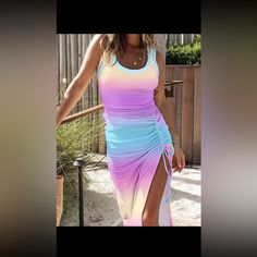 Brand New. In Package. Super Fun Pastel Rainbow Color Dress. Perfect For Summer, Pool, Girls Night Or Vacation! 97% Polyester 3% Spandex Summer Prints Fashion, Bodycon Tank Dress, Ombre Print, Beach Clothes, Dress Sleeve Length, Fitted Midi Dress, Drawstring Dresses, Elegant Dresses For Women, Rock Design