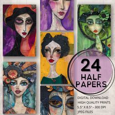 the cover of 24 half papers with images of women's faces in different colors