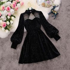 Starry Night Navy Blue Long Sleeve Princess Party Dress MK16338 - mkkawaiishop Sparkle Mini Dress, Elegant Dresses Short, Party Dress Long Sleeve, Black Velvet Dress, 여자 패션, Fesyen Wanita, Kawaii Fashion, Winter Dresses, Elegant Dress