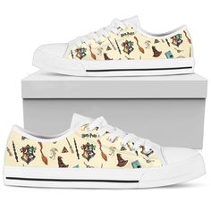 women's low top sneakers with cartoon characters on the front and bottom, all over print