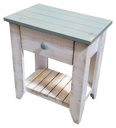 a small wooden table with one drawer on the bottom and two shelves below it, against a white background