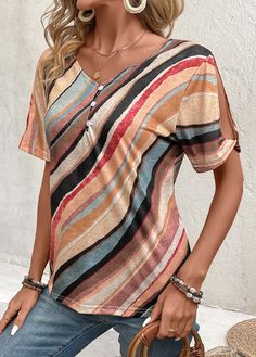 Multicolor V-neck Shirt With Button Closure, Multicolor V-neck Shirt With Buttons, Striped V-neck Tops With Button Closure, Striped V-neck Top With Buttons, Trendy Striped Tops With Buttons, Striped Crew Neck Top With Buttons, Casual Multicolor Top With Button Closure, Casual Striped Tops With Buttons, Geometric Print