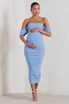 Plus One Powder Blue Maternity Ruched Bardot Midi Dress – Club L London - USA Blue Baby Shower Dress, Pale Blue Dress, Powder Blue Dress, Pale Blue Dresses, Bardot Midi Dress, Shower Outfits, Draped Sleeves, Bardot Neckline, Baby Shower Outfit