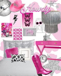 a pink and silver bedroom is shown in this image, with accessories on the bed