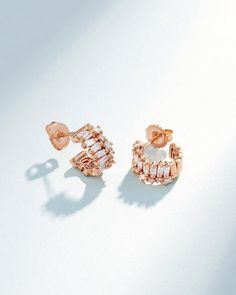 Suzanne Kalan Short Stack Diamond Mini Hoops in 18k rose gold Luxury Rose Gold Baguette Cut Earrings, Luxury Baguette Diamond Huggie Earrings, Luxury Huggie Earrings With Baguette Diamonds, Luxury Rose Gold Hoop Earrings With Cubic Zirconia, Rose Gold Baguette Cut Diamond Earrings, Luxury Rose Gold Earrings With Baguette Diamonds, Asymmetrical Pattern, Short Stack, Diamond Stacks