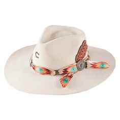 PRICES MAY VARY. 5 3/4" brim: Pinchfront crown Aztec fabric band; Wool Felt; Tooled feather detail; Ivory colored hats have different color flecks of felt in them; Turquoise concho detail; Fire branded "C" logo on crown (Will Vary) The aztec print hatband really pops off of this classic looking Charlie 1 Horse Navajo hat. Add some color to your outfit with this gorgeous hat Laney Wilson Hats, Laney Wilson, Charlie 1 Horse Hat, Cowboy Hat Design, Charlie Horse, Custom Cowboy Hats, Tech Clothing, Aztec Fabric, Glam Boho