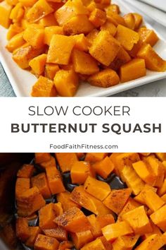 a plate with butternut squash on it and the words slow cooker butternut squash