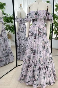 Feminine Georgette Maxi Dress For Summer, Flowy Floral Chiffon Dress For Garden Party, Flowy Floral Print Chiffon Dress For Garden Party, Feminine Maxi Length Floral Chiffon Dress, Feminine Floral Print Chiffon Dress For Wedding, Feminine Chiffon Dress With Floral Print For Wedding, Feminine Maxi Chiffon Dress With Ruffles, Spring Georgette Maxi Dress With Ruffles, Flowy Tiered Chiffon Dress