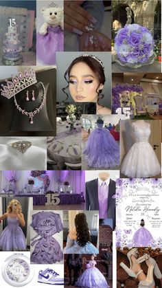 a collage of purple and white wedding gowns, tiaras, necklaces