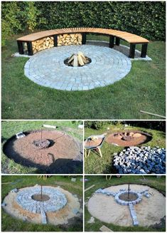 an outdoor fire pit in the middle of some grass and rocks with benches around it