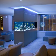 a living room filled with furniture and an aquarium