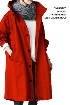 lady in red rain coat, that also functions as a windbreaker, with long sleeves, reaching to the knees and with a hood. Autumn Clothes, Feminine Look