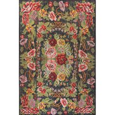 an area rug with flowers and leaves on the border in green, red, yellow and pink colors