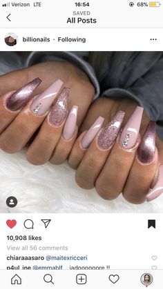 Pink Stiletto Nails, Nails Classy, Gold Nail, Coffin Nails Long, Glam Nails, Nail Designs Glitter, Pink Acrylic Nails, Dipped Nails