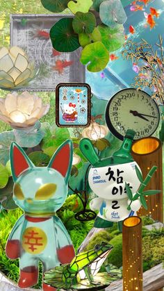 a collage of various clocks, plants and other things in the background with an image of a cat