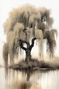 a tree that is sitting in the water with some branches hanging off it's sides