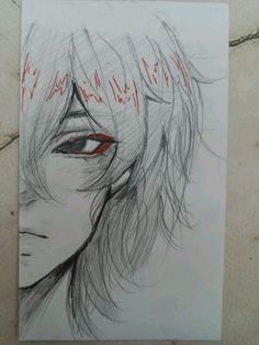 a drawing of a man's face with red eyes