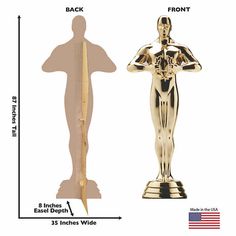 the golden statue is shown with measurements for it's size and height, as well as how to measure it