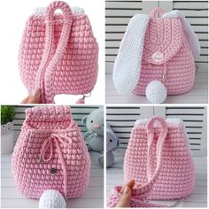 the crocheted pink purse is being held by someone's hand and has a white ball in it