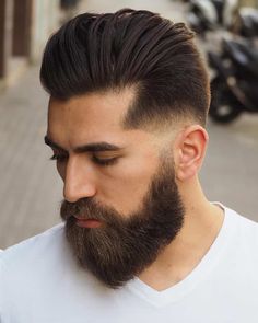 This haircut was included in 15 Long Hair Fade Hairstyles For Men That Look Effortlessly Cool. See more men's hairstyles at MensFlair.com Comb Over Haircut, New Hair Look, Beard Styles Short, Beard Haircut, Long Hair On Top, Short Beard, Cool Hairstyles For Men