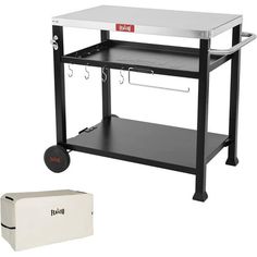 an image of a grilling cart with two trays on the side and a box next to it