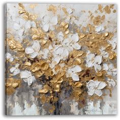 an abstract painting with gold and white flowers